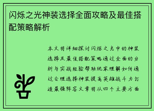 闪烁之光神装选择全面攻略及最佳搭配策略解析